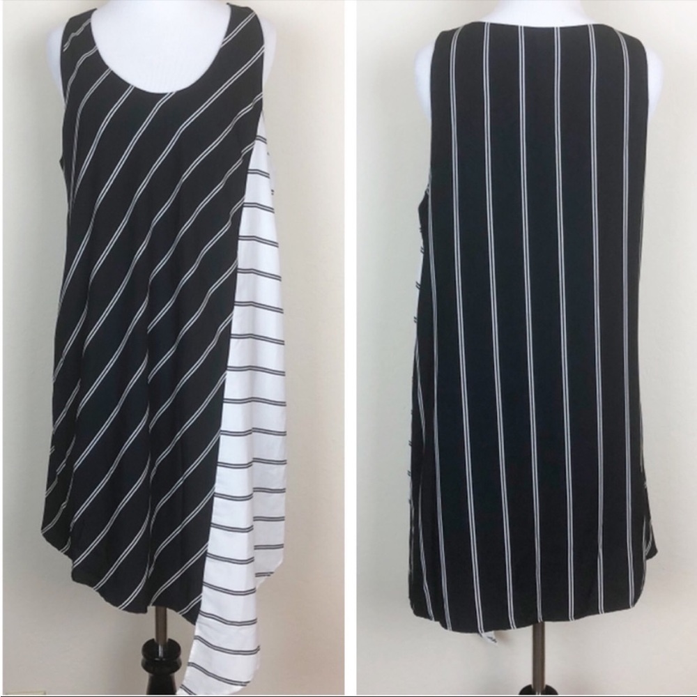 Halogen Black & White Striped Dress with Asymmetrical Hem - Size Medium Petite